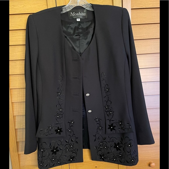 Moshita Couture Black Beaded Embroidered Rhinestone Designer Blazer Jacket L - Picture 3 of 10